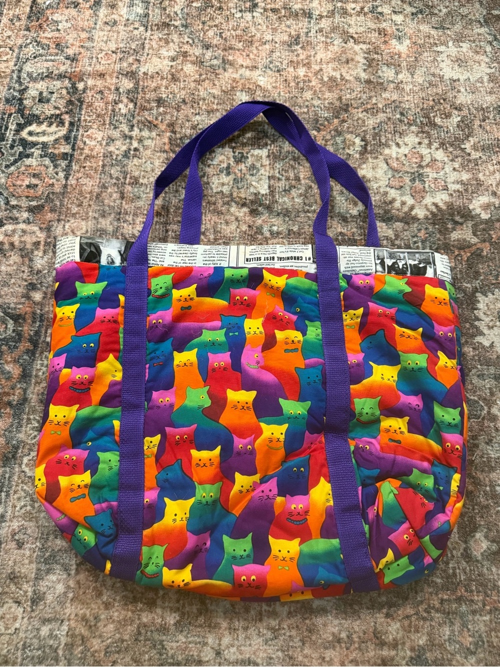 Reversible Cat Pattern Quilted large Tote Bag in Multicolor with Purple Handles